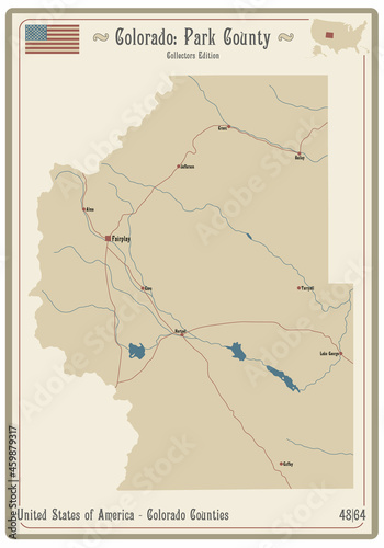 Map on an old playing card of Park county in Colorado, USA.