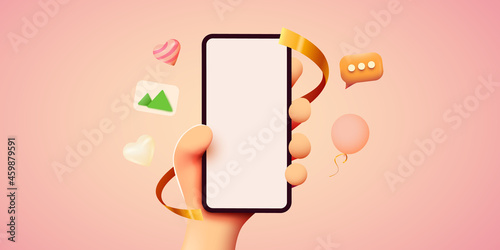 Cute 3D cartoon hand holding mobile smart phone. Modern mockup.