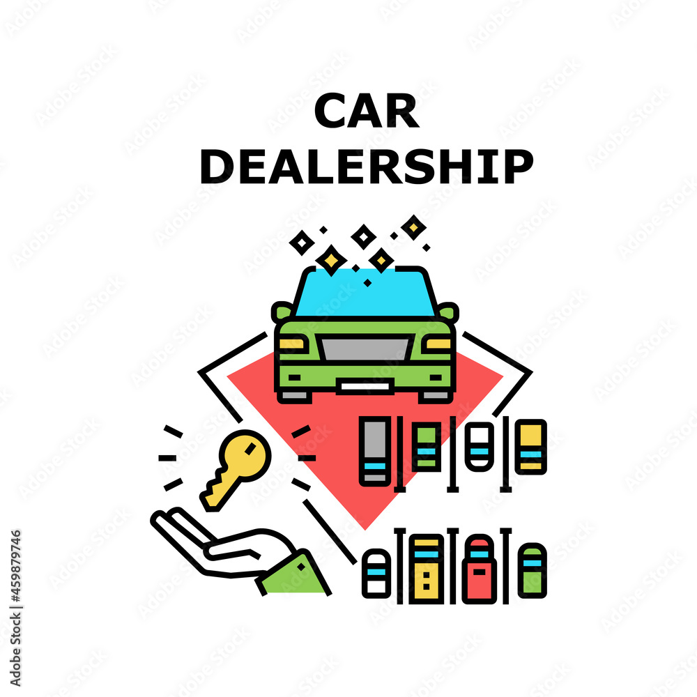 Car Dealership Vector Icon Concept. Car Dealership Business For Selling Used And New Automobile, Vehicle Market Sale Parking For Showing And Presenting Transport Color Illustration