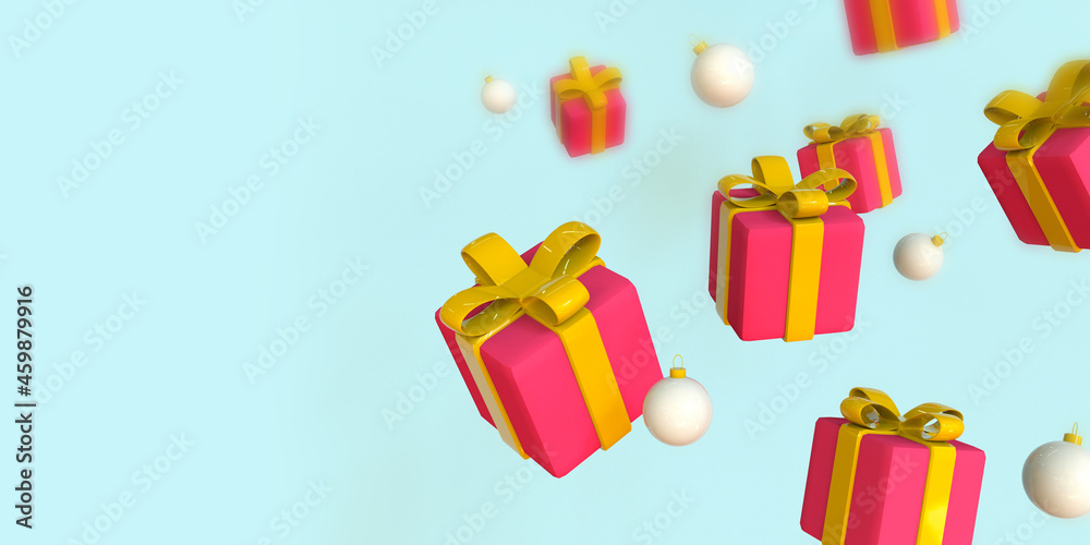 New Year and Merry Christmas 2022 red gift boxes with yellow bows on blue background. Trendy 3d illustration.