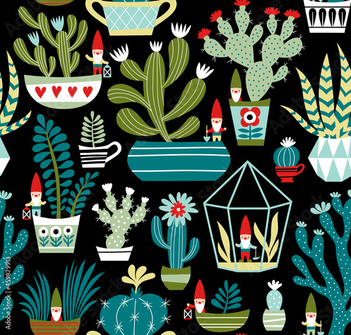 Hand drawn seamless vector pattern with cute gnomes, cactuses and succulents on black background. Perfect for fabric, wallpaper or wrapping paper.