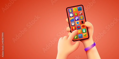 Holding phone in two hands. Phone mockup. Editable smartphone template. Touching screen with finger.