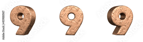 Number 9 (Nine) from Copper numbers collection set. Isolated. 3D Rendering