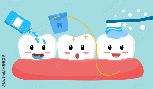Tooth cleaning activities by brushing teeth, mouthwash and dental floss in flat design. Dental care concept vector illustration.