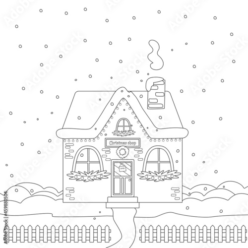 Christmas shop with gifts and fir trees on a snowy street coloring book for children. Festive vector linear illustration for creativity.