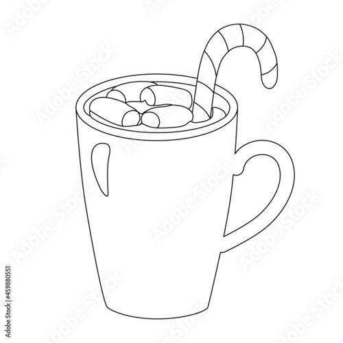 Christmas mug with cocoa, marshmallows and sugar cane, coloring book for children. Vector festive linear illustration. photo