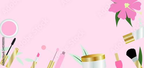vector banner with cosmetic items. flat top view image of makeup items on the pink background.