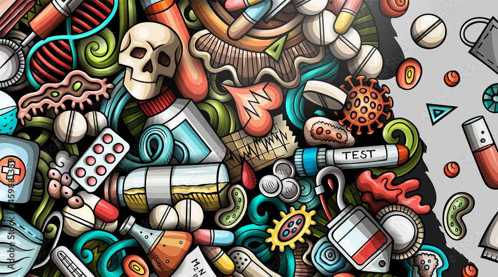 Obraz premium Medicine hand drawn doodle banner. Cartoon vector detailed flyer.