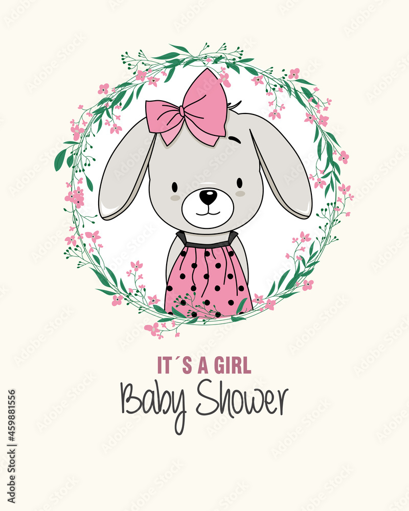 Baby shower card. Cute rabbit inside flower frame. Isolated vector Baby shower card. Cute rabbit inside flower frame. Isolated vector
