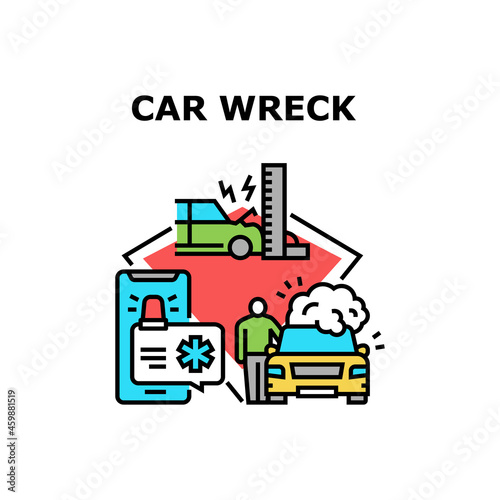 Car Wreck Crash Vector Icon Concept. Car Wreck Crash, Fire Accident And Calling To Emergency Rescue Service On Mobile Phone. Dangerous Automobile Traffic Situation Color Illustration
