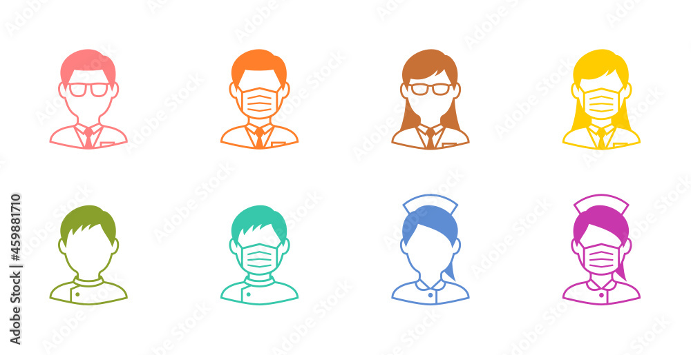 マスクをした医者と看護師のアイコンセット。カラフルな色合いの線画アイコン。メガネをした男性やマスクをした女性のイラスト。