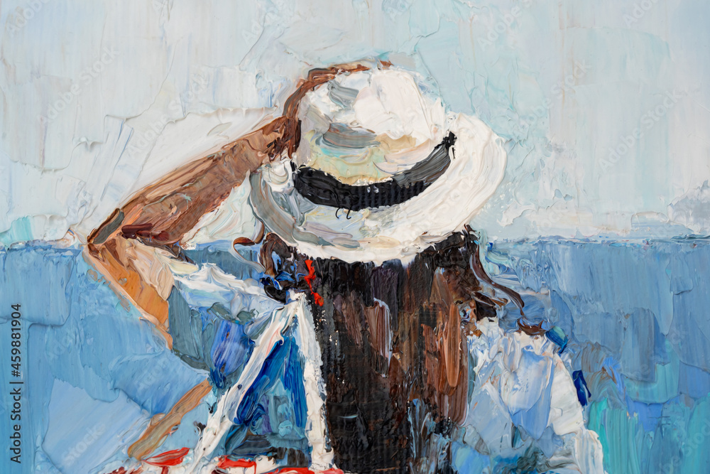 Beautiful tanned girl on a beach vacation on the background of the sea. Dressed in shorts and a white hat. Oil painting on canvas. - obrazy, fototapety, plakaty 