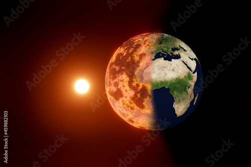 Klimawandel, globale Erwärmung Konzept. Erdball verbrennt durch die Sonneneinstrahlung. Erdkarte von NASA gov. 3D illustration.