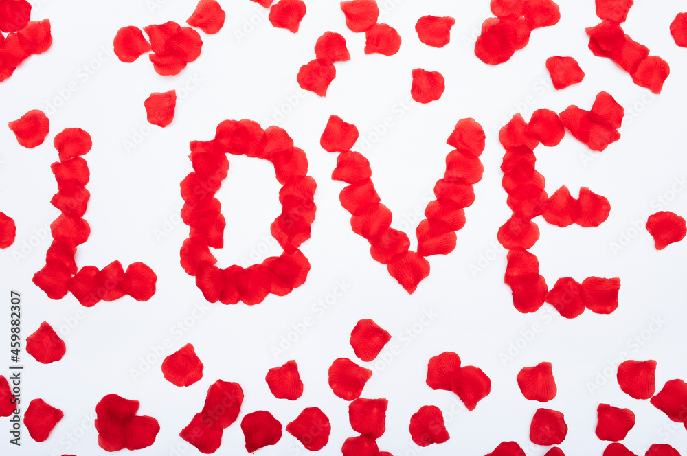 love written with red rose petals
