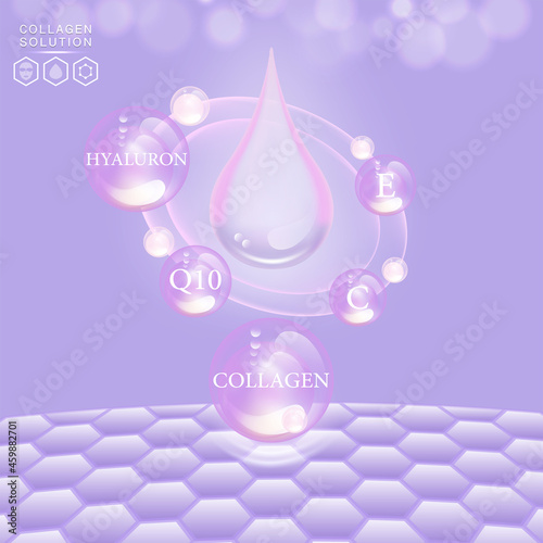 Hyaluronic acid skin solutions ad, purple collagen, and vitamins serum drops with cosmetic advertising background ready to use, illustration vector.