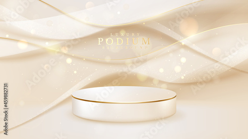 Fotografie, Obraz Product podium with sparkle golden curve line and bokeh and blur elements, luxury background, 3d realistic scene design