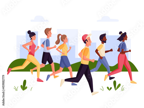 Marathon runners. Men and women running outdoor. Illustration for marathon  city run  training  cardio exercising. Flat vector illustration. 