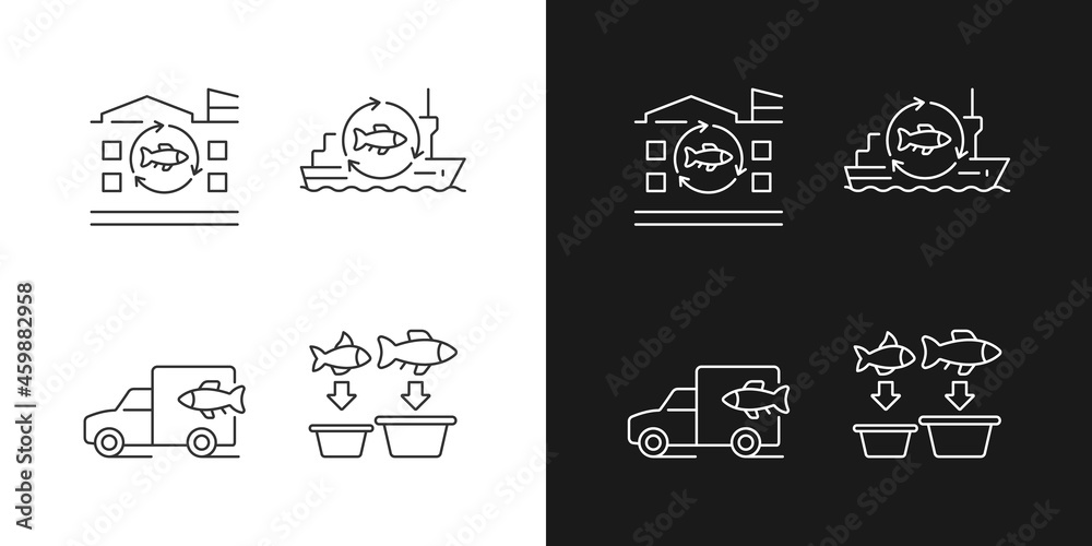 Fish processing and transportation linear icons set for dark and light mode. Seafood product manufacturing. Customizable thin line symbols. Isolated vector outline illustrations. Editable stroke