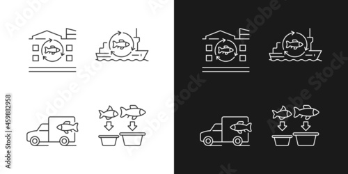 Fish processing and transportation linear icons set for dark and light mode. Seafood product manufacturing. Customizable thin line symbols. Isolated vector outline illustrations. Editable stroke