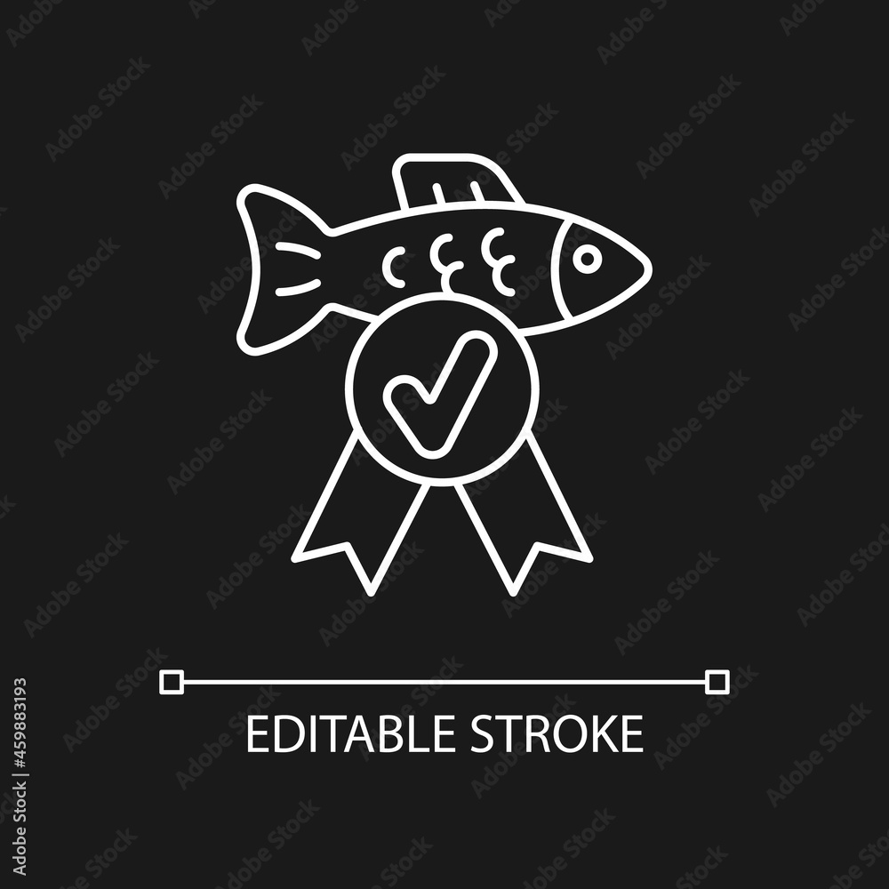 Fish quality control white linear icon for dark theme. Checking seafood toxic containment. Thin line customizable illustration. Isolated vector contour symbol for night mode. Editable stroke Fish quality control white linear icon for dark theme. Checking seafood toxic containment. Thin line customizable illustration. Isolated vector contour symbol for night mode. Editable stroke