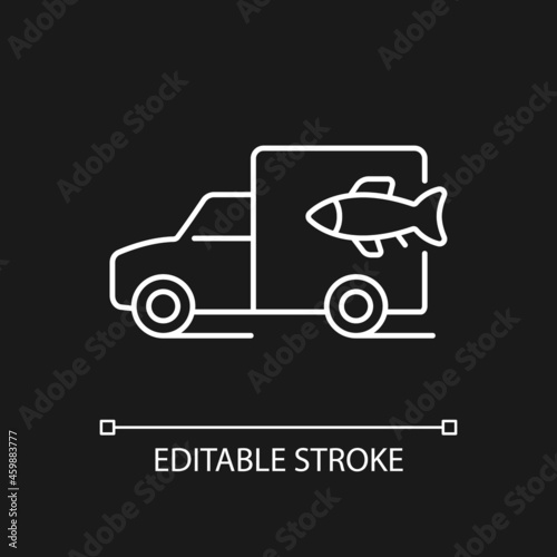 Fish transporting white linear icon for dark theme. Commercial transporting of aquaculture products. Thin line customizable illustration. Isolated vector contour symbol for night mode. Editable stroke