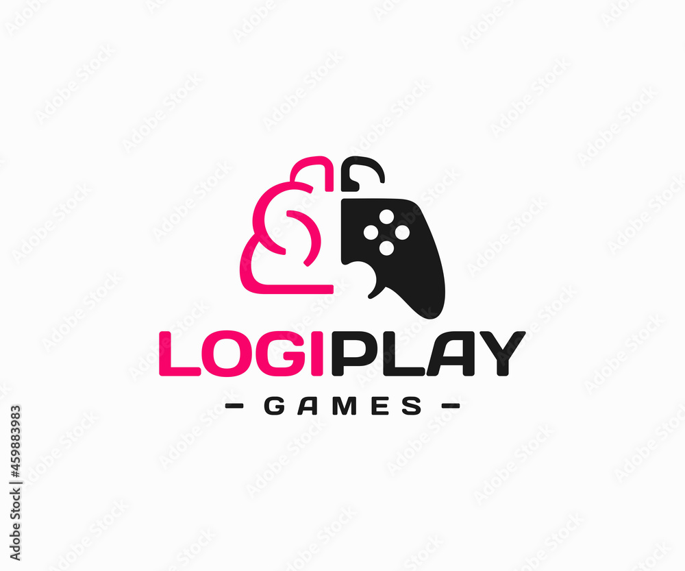 Logic games logo design. Brain and gamepad, joystick controller vector design. Educational games logotype Logic games logo design. Brain and gamepad, joystick controller vector design. Educational games logotype