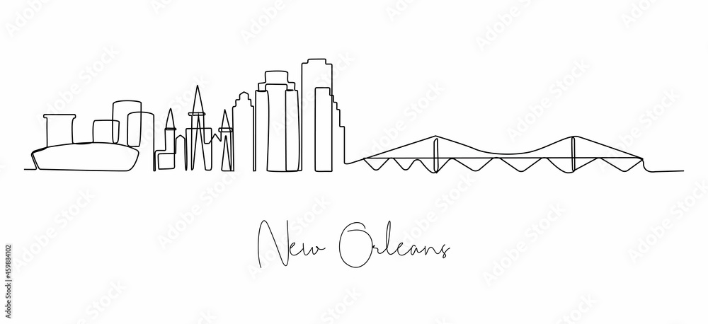 One single line drawing of New Orleans city skyline, Louisiana. Historical town landscape in the world. Best holiday destination. Editable stroke trendy continuous line draw design vector illustration