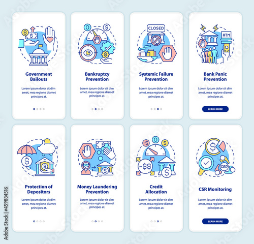 Bank regulation onboarding mobile app page screen set. Bankruptcy prevention walkthrough 8 steps graphic instructions with concepts. UI, UX, GUI vector template with linear color illustrations