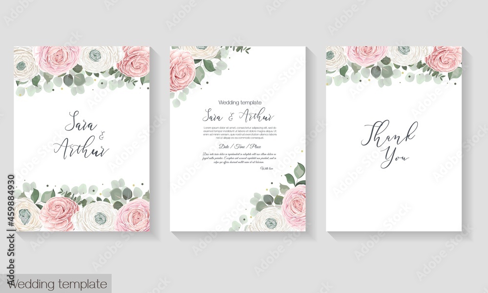 Vector floral template for a postcard. Invitation card. Pink and white roses, Asian buttercup, eucalyptus, green plants and flowers.