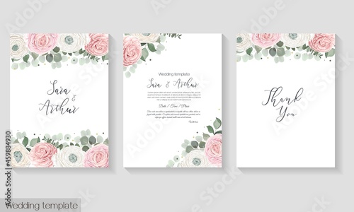 Fototapeta Naklejka Na Ścianę i Meble -  Vector floral template for a postcard. Invitation card. Pink and white roses, Asian buttercup, eucalyptus, green plants and flowers.