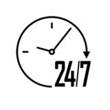 Wsparcie 24 godzin, znak. Czarna ikona na białym tle. Szybka dostawa i wsparcie 24/7