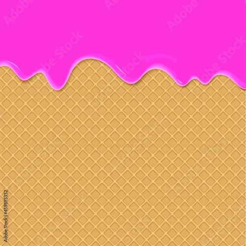 Pink ice cream flowing down on wafer background