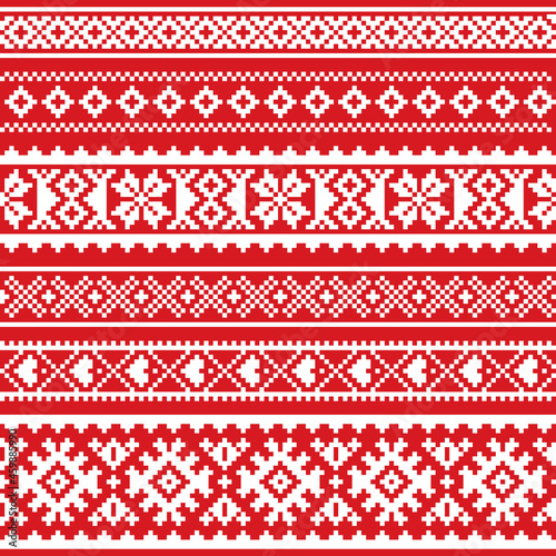 Sami vector seamless pattern, Lapland folk art, traditional knitting and embroidery design in white on red background
 