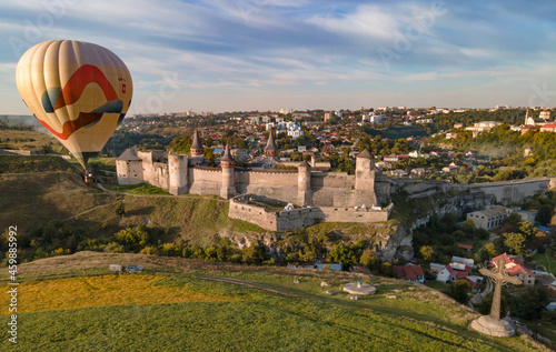 Balloons over the ancient city. Aerial photography.