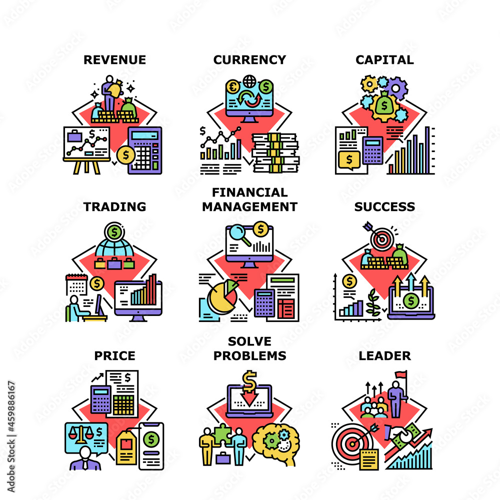 Finance Revenue Set Icons Vector Illustrations. Finance Revenue And Currency Capital, Financial Management And Trading, Leader Solve Problems And Price Negotiate Color Illustrations