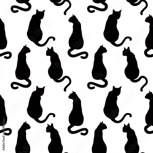 vector pattern with black silhouettes of cats in different poses, view from the back on a white background