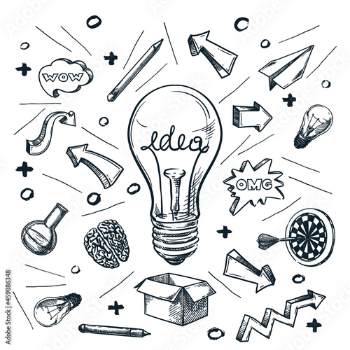 Idea and business startup concept. Vector hand drawn sketch illustration. Creative light bulb doodle print design.