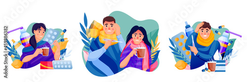 Vector illustration of flu sick people. Man, woman and family couple treats seasonal cold respiratory infection disease
