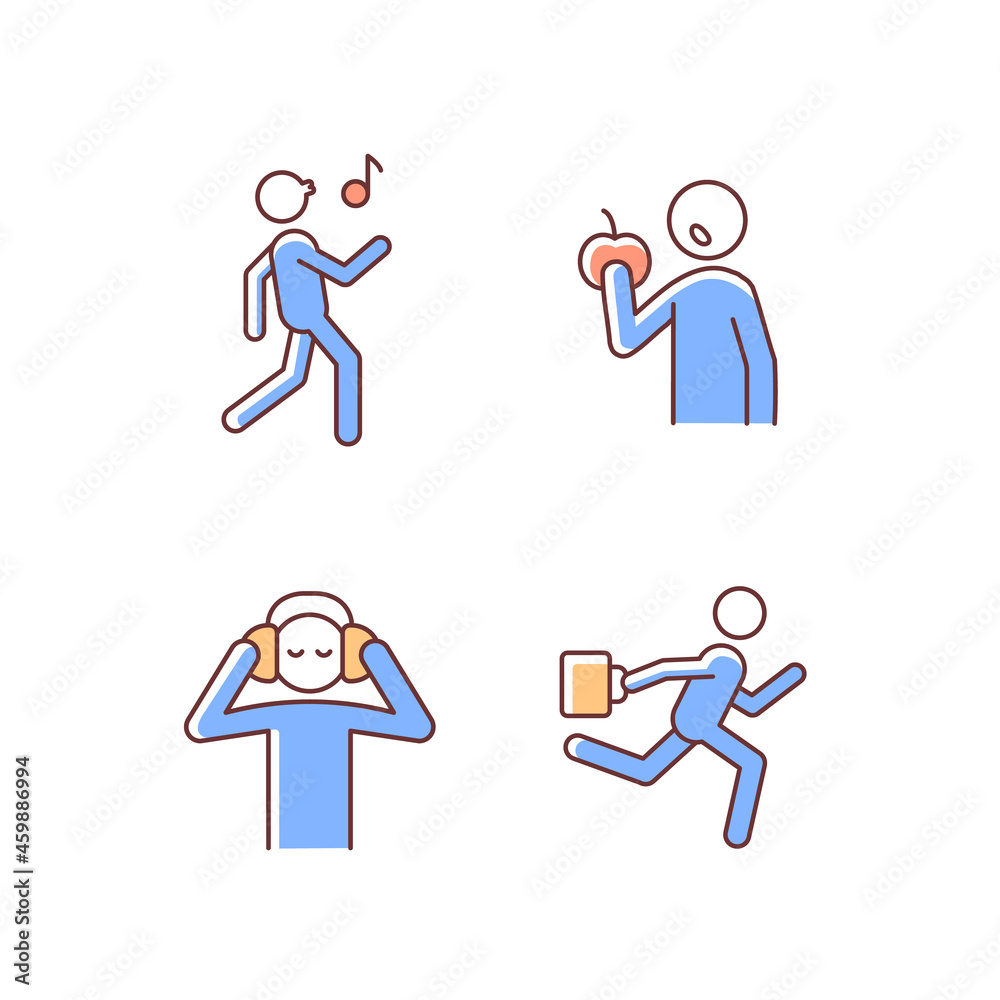 Everyday activities RGB color icons set. Healthy eating habits. Listening music with headphones. Singing karaoke. Healthy diet. Isolated vector illustrations. Simple filled line drawings collection Everyday activities RGB color icons set. Healthy eating habits. Listening music with headphones. Singing karaoke. Healthy diet. Isolated vector illustrations. Simple filled line drawings collection