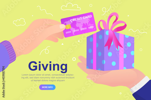 hand giving gift box with ribbon and payment card. concept of giving present, holiday celebration, or online shopping forgets. Vector , illustration.