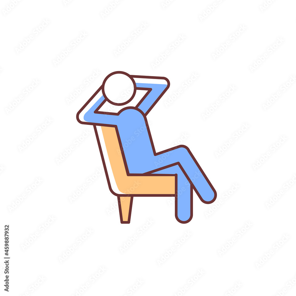 Relax RGB color icon. Man sitting in relaxed pose. Human taking break from work. Person sitting in armchair with legs crossed. Isolated vector illustration. Simple filled line drawing Relax RGB color icon. Man sitting in relaxed pose. Human taking break from work. Person sitting in armchair with legs crossed. Isolated vector illustration. Simple filled line drawing