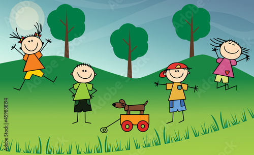 Vector Illustration of Funny kids playing outdoors. Happy girls jump together on a sunny day.