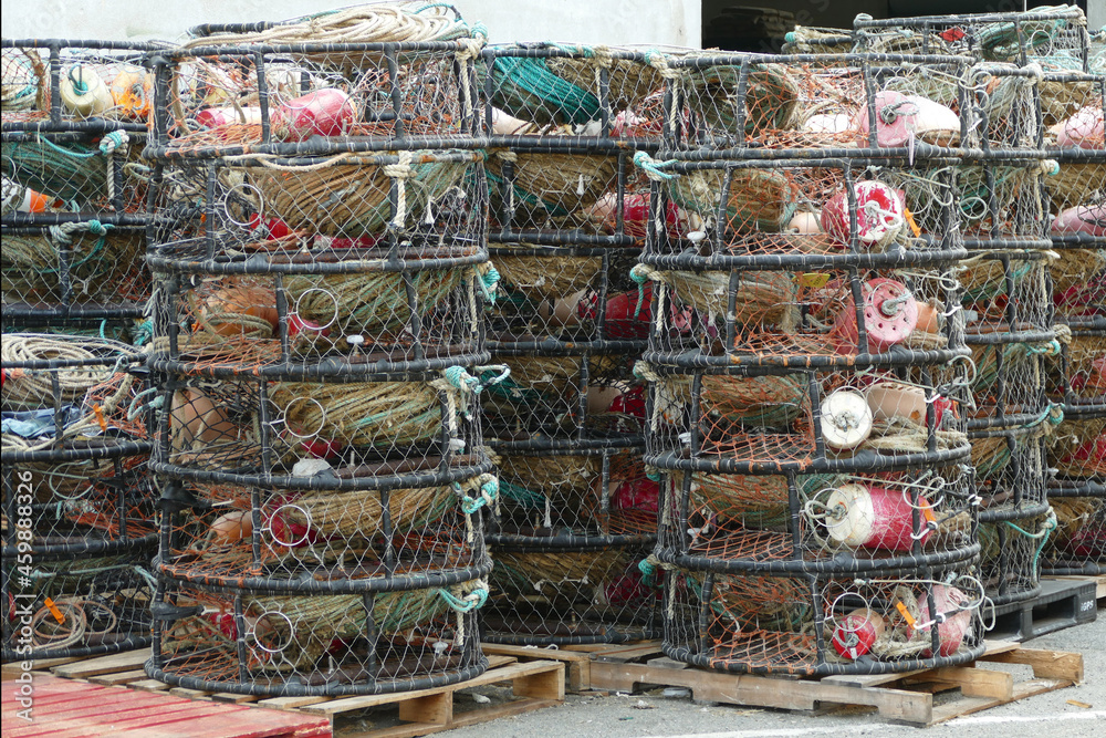Round wire net crab pot traps packed in harbour, fishing and seafood concept Round wire net crab pot traps packed in harbour, fishing and seafood concept