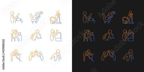 Day-to-day routine gradient icons set for dark and light mode. Activities of daily living. Thin line contour symbols bundle. Isolated vector outline illustrations collection on black and white