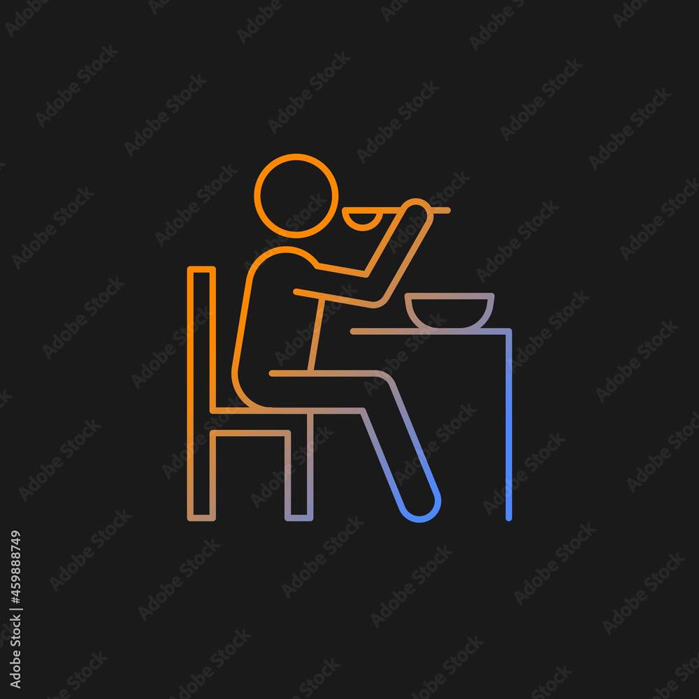 Eat gradient vector icon for dark theme. Man having dinner. . Eating dinner at table. Healthy eating habits. Thin line color symbol. Modern style pictogram. Vector isolated outline drawing Eat gradient vector icon for dark theme. Man having dinner. . Eating dinner at table. Healthy eating habits. Thin line color symbol. Modern style pictogram. Vector isolated outline drawing