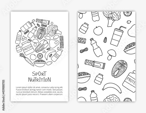 Card templates with doodle sports nutrition products.