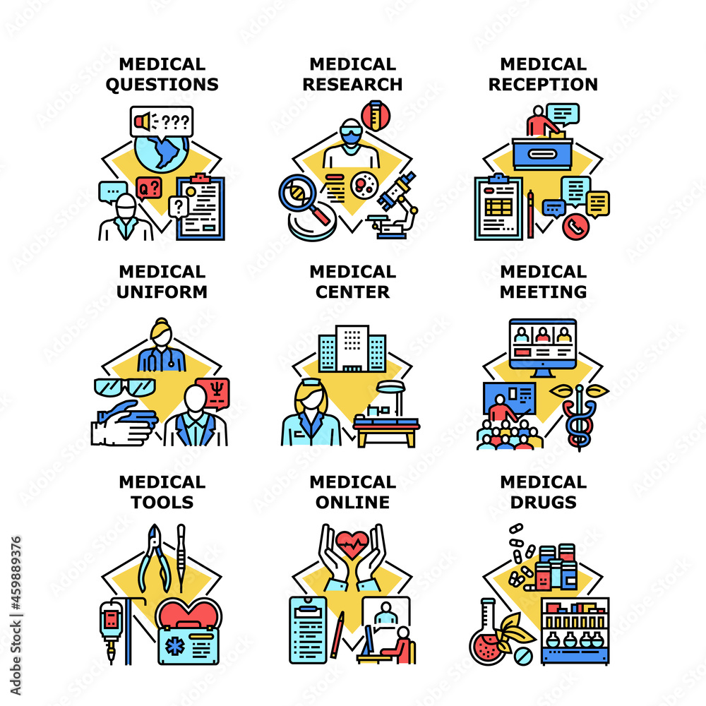 Medical Research Set Icons Vector Illustrations. Medical Research Drugs And Questions On Hospital Reception, Doctor Uniform And Tools, Clinic Center And Online Meeting Color Illustrations