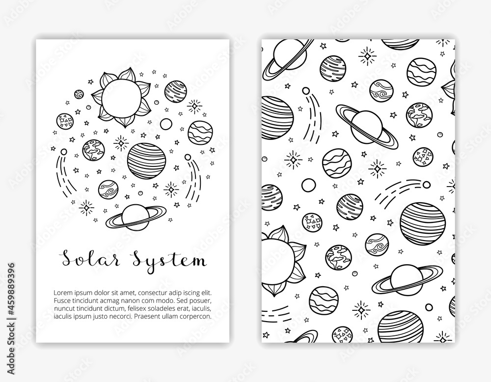 Card templates with hand drawn planets, stars.