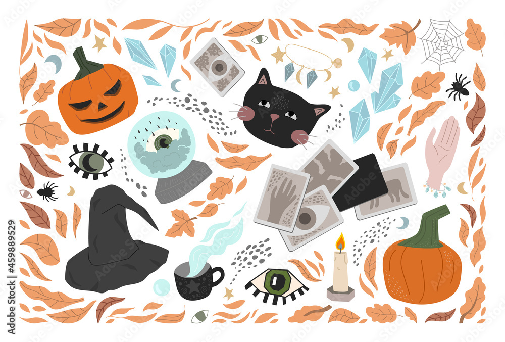 Fototapeta premium large set of cute Halloween symbols - black cat, eyes, witch hat, pumpkins, spiders, fortune telling ball, cards, crystals, autumn leaves. flat illustration. for a postcard, poster or any design.