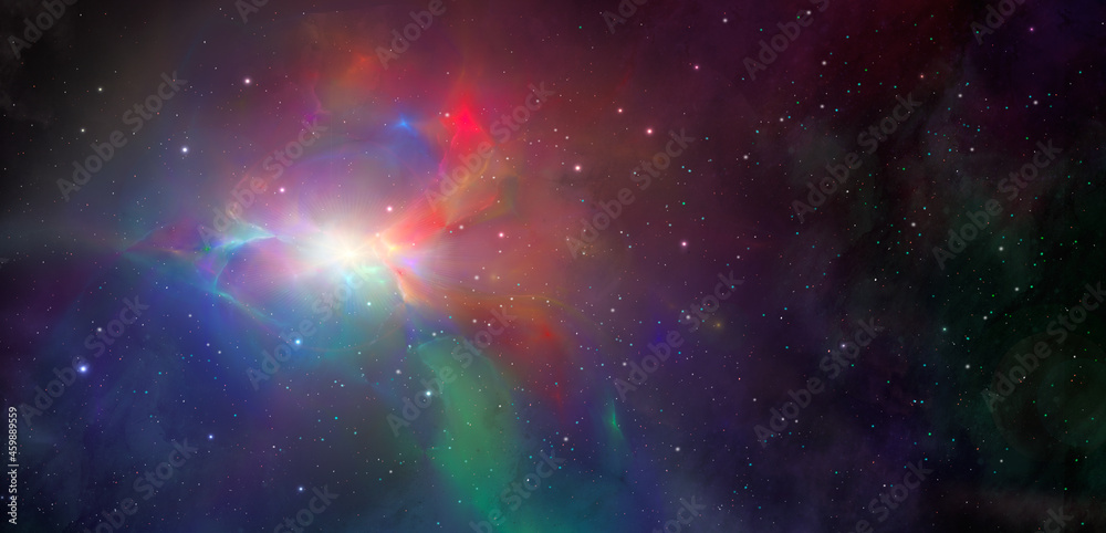 Space background. Colorful fractal nebula in red, green and blue color with stars. Digital painting